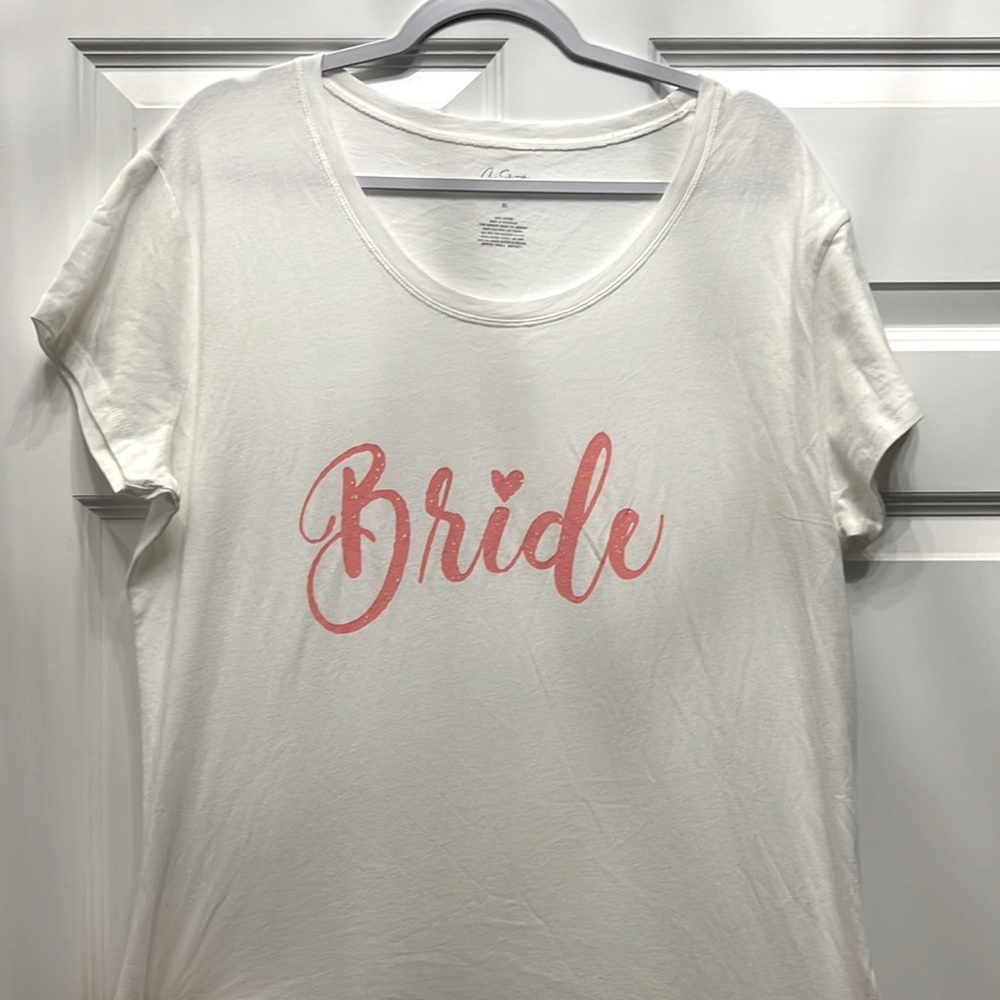 XL bride white bride shirt with peachy/ pink text
